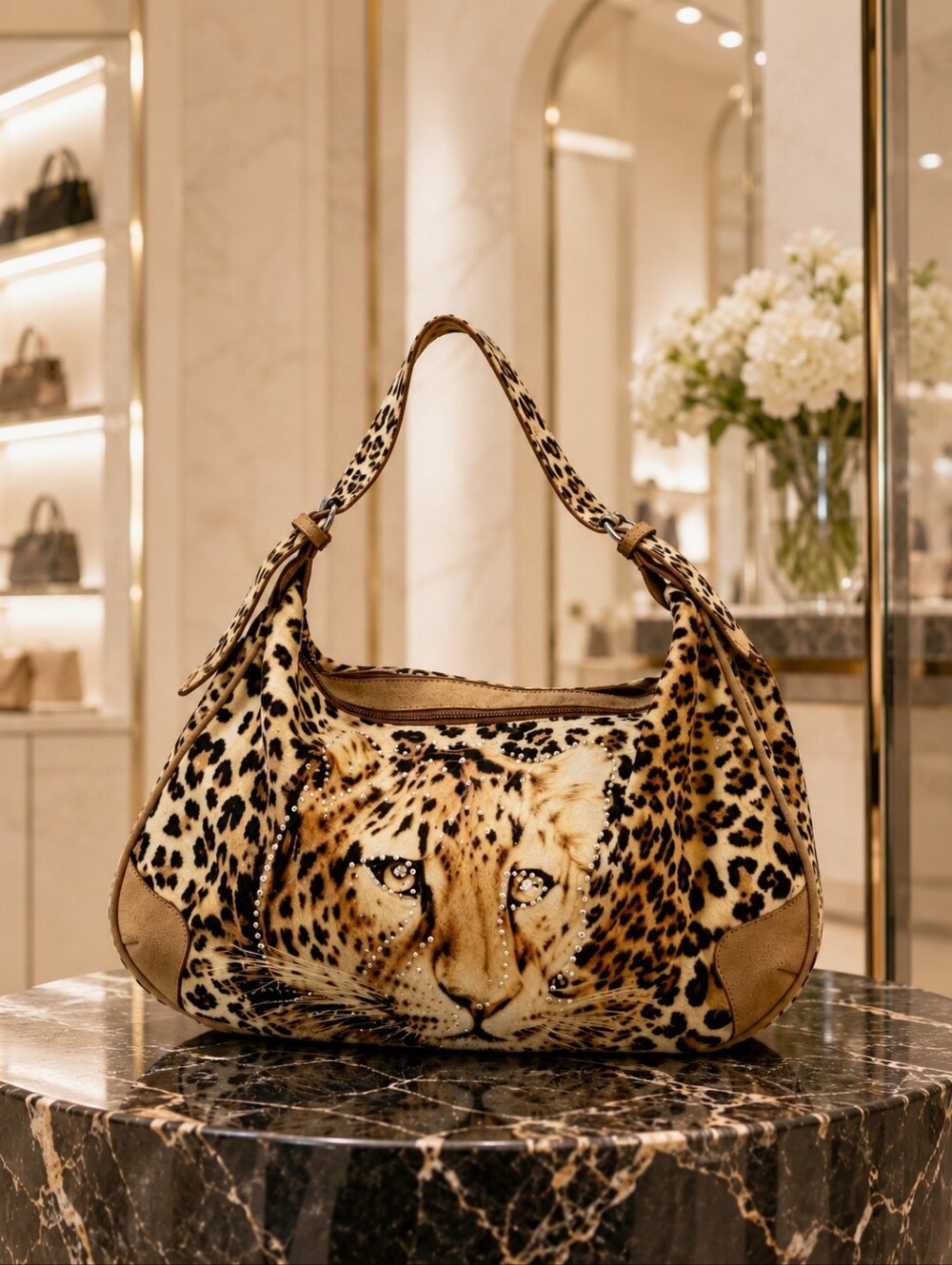 Y2K Leopard Face Rhinestone Slouchy Satchel Animal Print Shoulder Bag